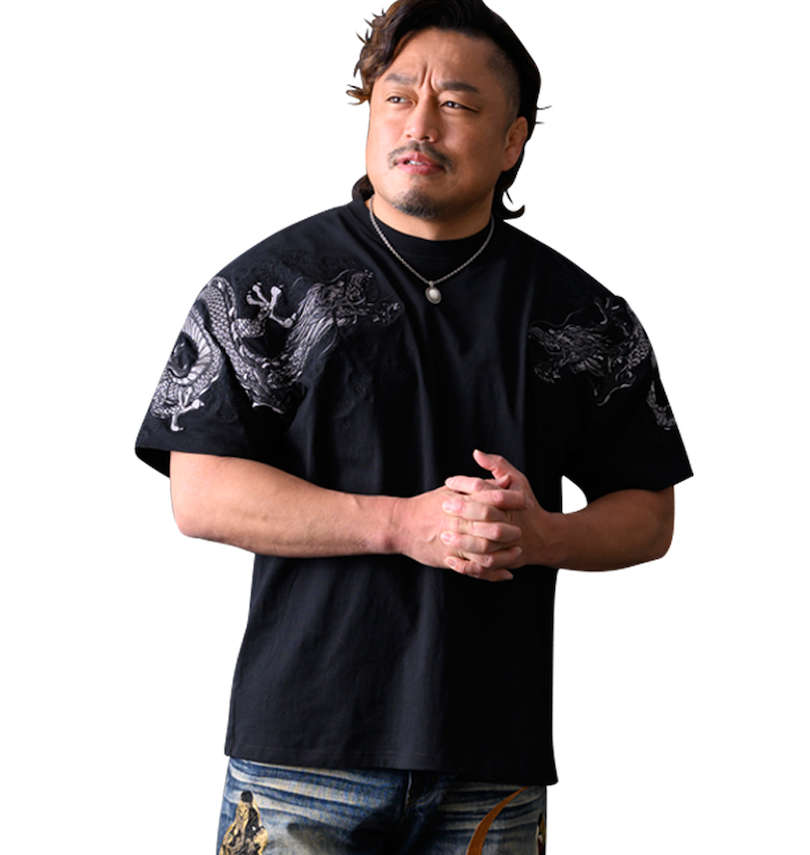 大きいサイズ メンズ 絡繰魂 (カラクリタマシイ) 双龍刺繍半袖Tシャツ 