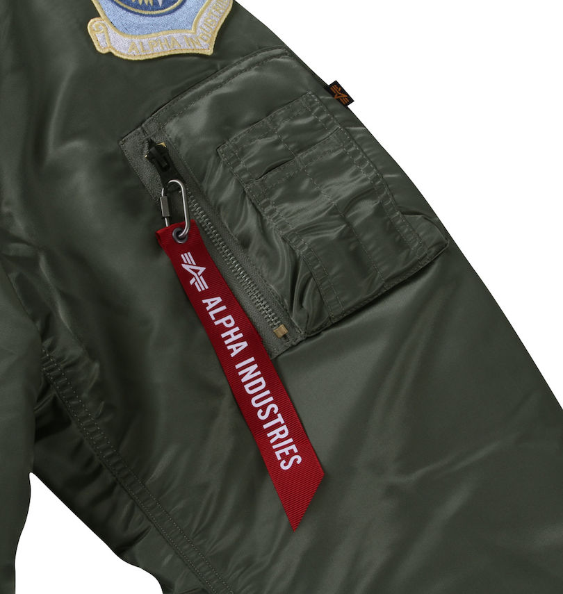 大きいサイズ メンズ ALPHA INDUSTRIES (アルファ インダストリーズ) MA-1 FULL PATCHED CORE SPECジャケット 左袖ポケット