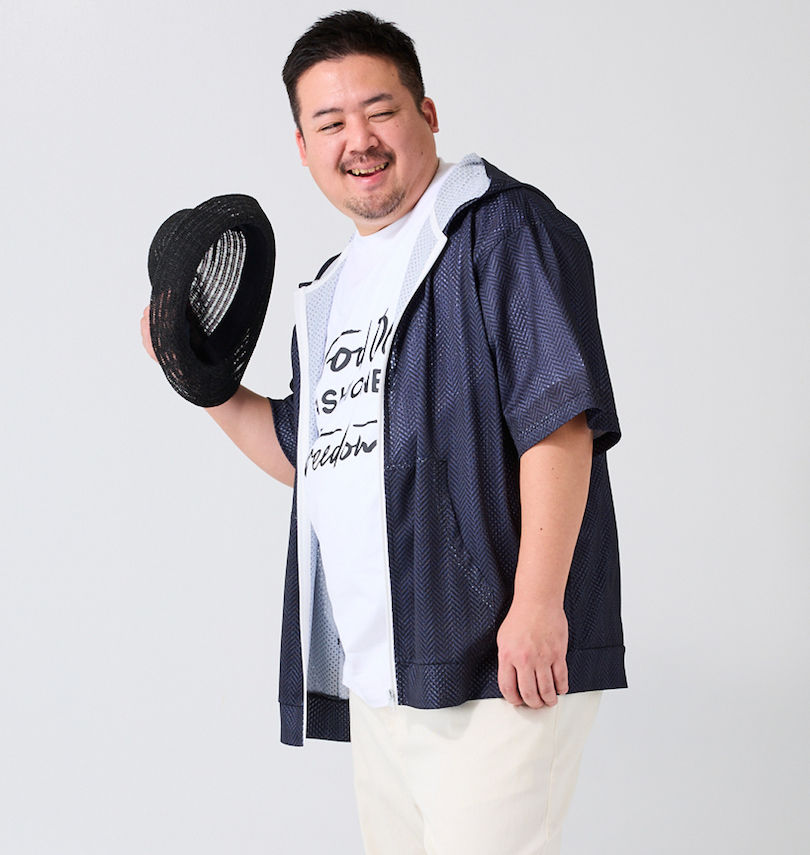 大きいサイズ メンズ COLLINS (コリンズ) メッシュヘリンボーン風プリント半袖フルジップパーカー+半袖Tシャツ 