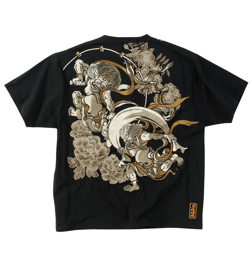 大きいサイズ メンズ 絡繰魂 (カラクリタマシイ) 風神雷神刺繍半袖Tシャツ バックスタイル