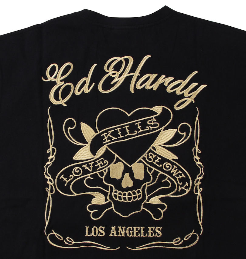 大きいサイズ メンズ Ed Hardy (エドハーディ) 天竺プリント&刺繍半袖Tシャツ バック刺繍