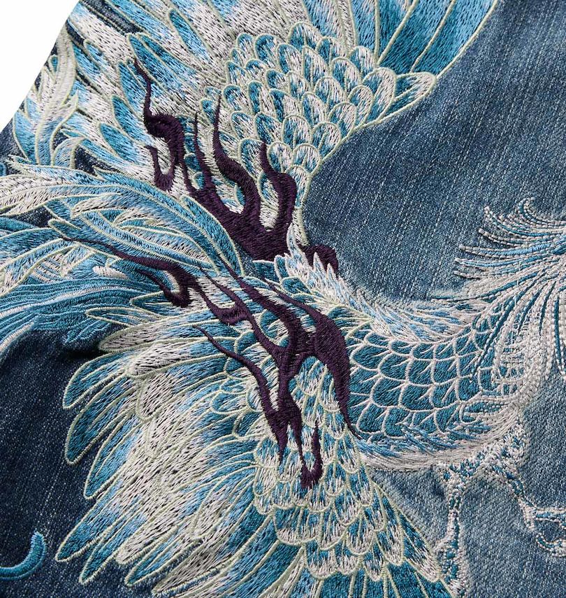 大きいサイズ メンズ 絡繰魂 (カラクリタマシイ) 藍鳳凰刺繍五連ポケットデニムパンツ 刺繍