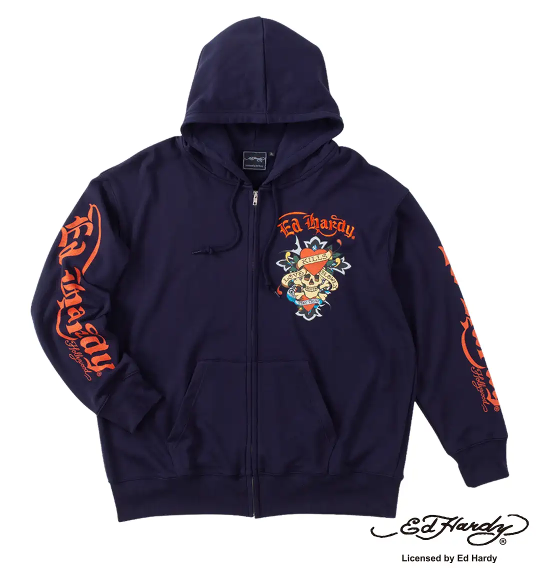 大きいサイズ 裏毛刺繍&プリントフルジップパーカー | Ed Hardy