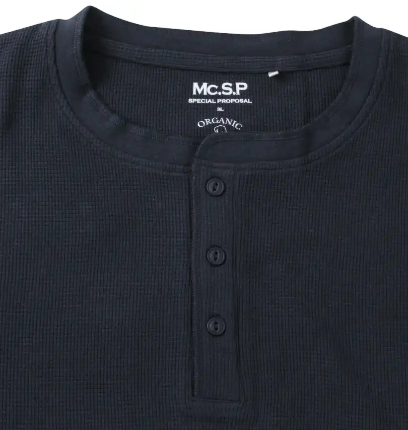 大きいサイズ オーガニックワッフルヘンリーネック長袖Tシャツ | Mc