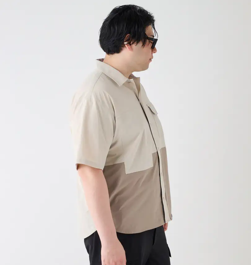 大きいサイズ ストレッチナイロンリップストップバイカラー半袖シャツ