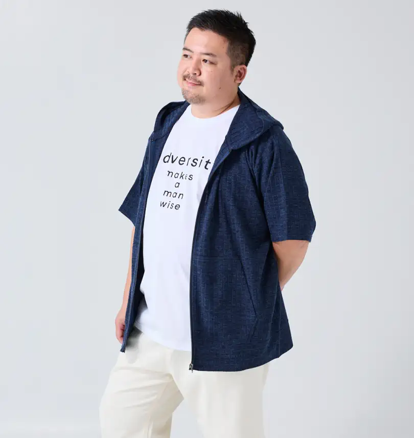 大きいサイズ 針抜きストライプ半袖フルジップパーカー+半袖Tシャツ