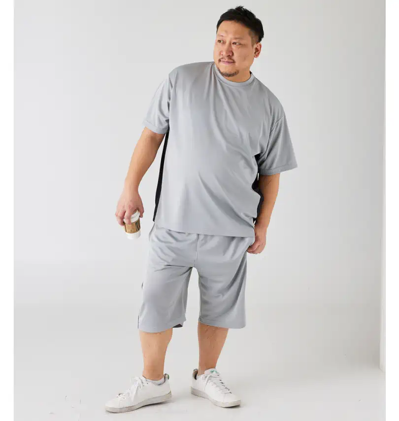 大きいサイズ ハニカムメッシュ脇切替半袖Tシャツハーフパンツセット 