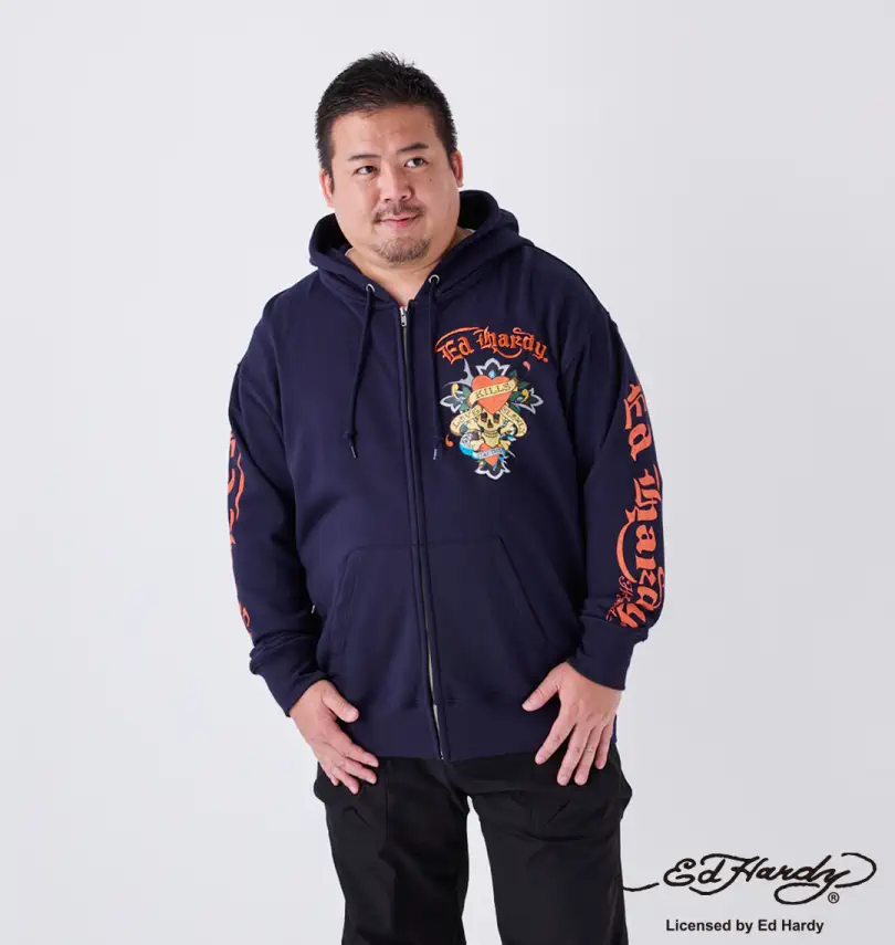 大きいサイズ 裏毛刺繍&プリントフルジップパーカー | Ed Hardy