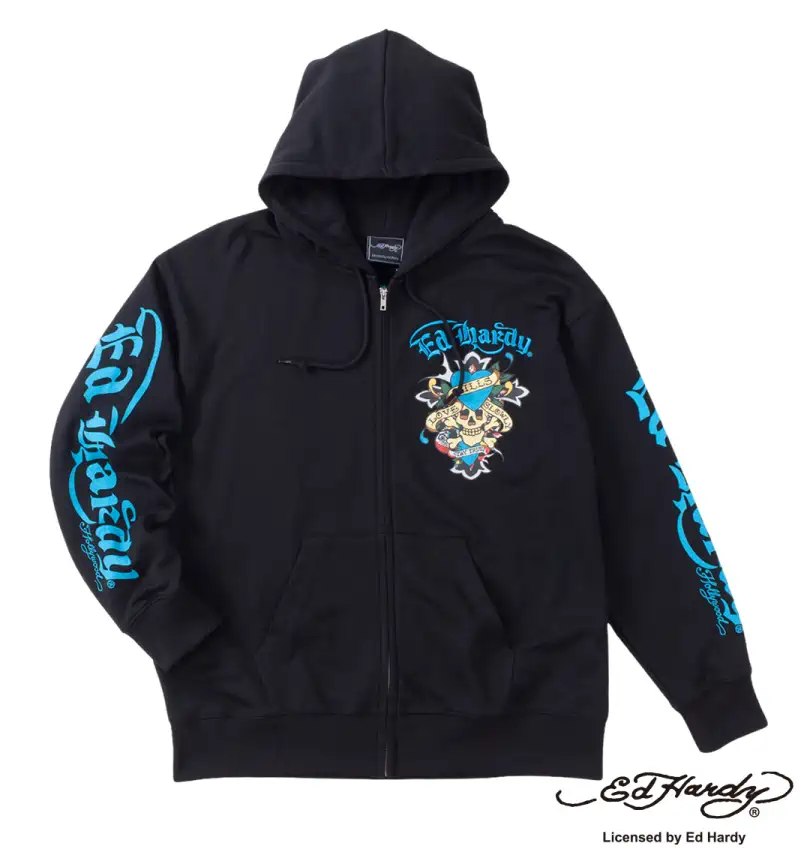 大きいサイズ 裏毛刺繍&プリントフルジップパーカー | Ed Hardy 
