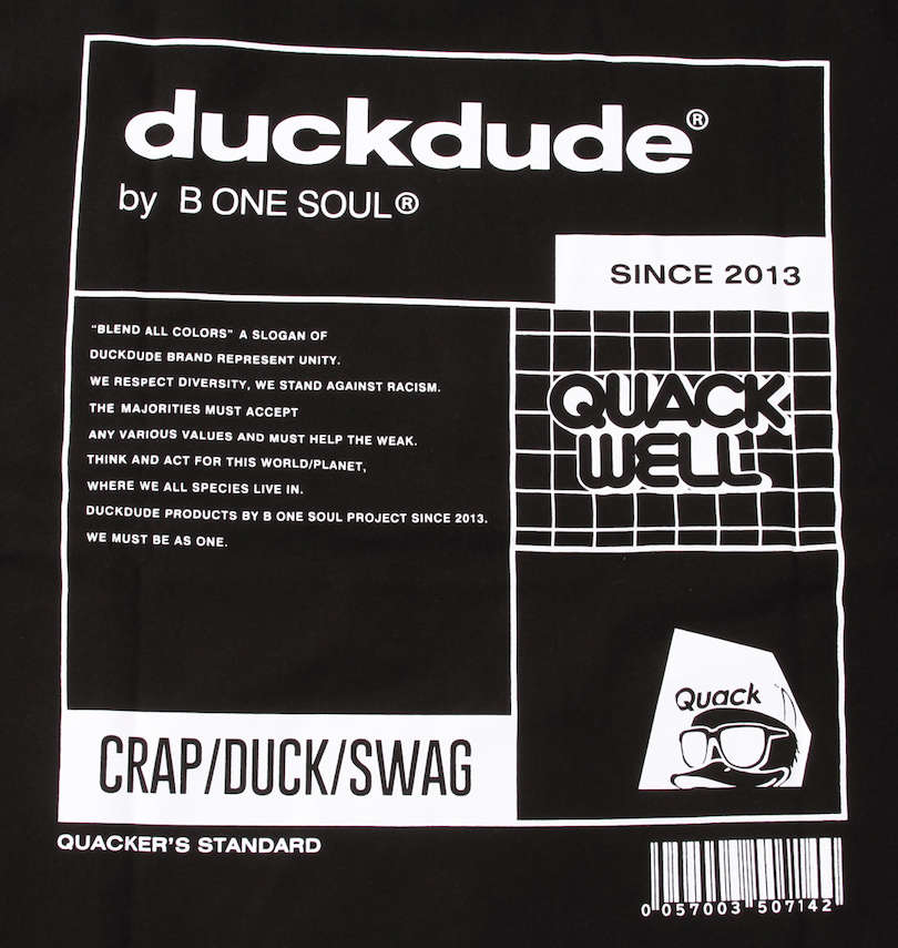 大きいサイズ メンズ b-one-soul (ビーワンソウル) DUCK DUDEメタリックフェイス半袖Tシャツ バックプリント