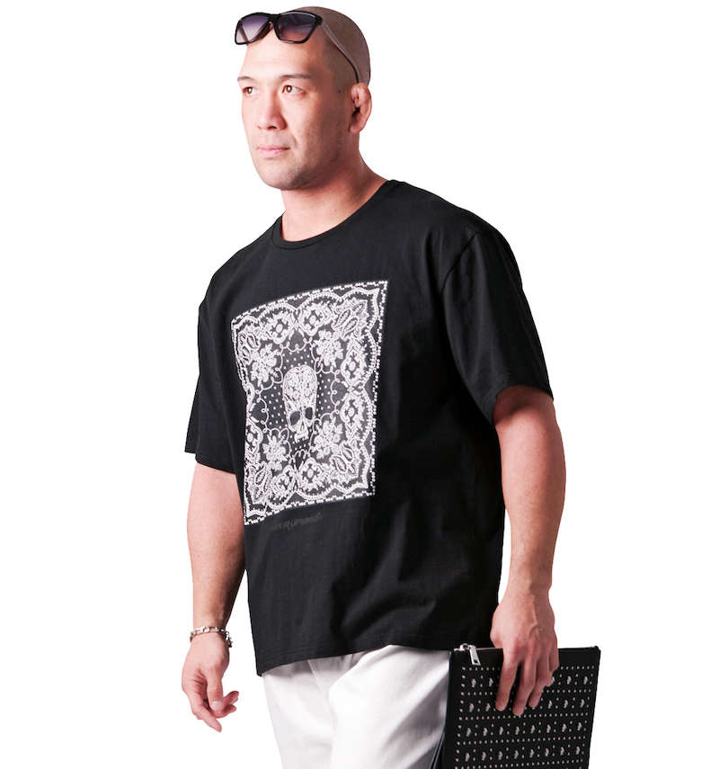 大きいサイズ メンズ Roen grande (ロエン グランデ) バンダナ柄ドクロ半袖Tシャツ 