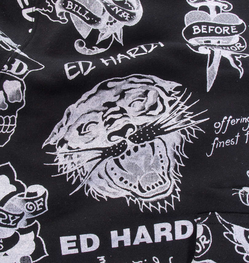 大きいサイズ メンズ Ed Hardy (エドハーディ) 裏毛総柄プリントフルジップパーカーセット 生地拡大