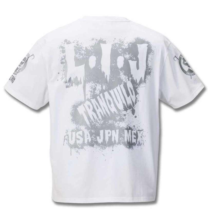 大きいサイズ メンズ 新日本プロレス (シンニホンプロレス) BUSHI×L・I・J「MIST」半袖Tシャツ(ホワイト×シルバー) バックスタイル