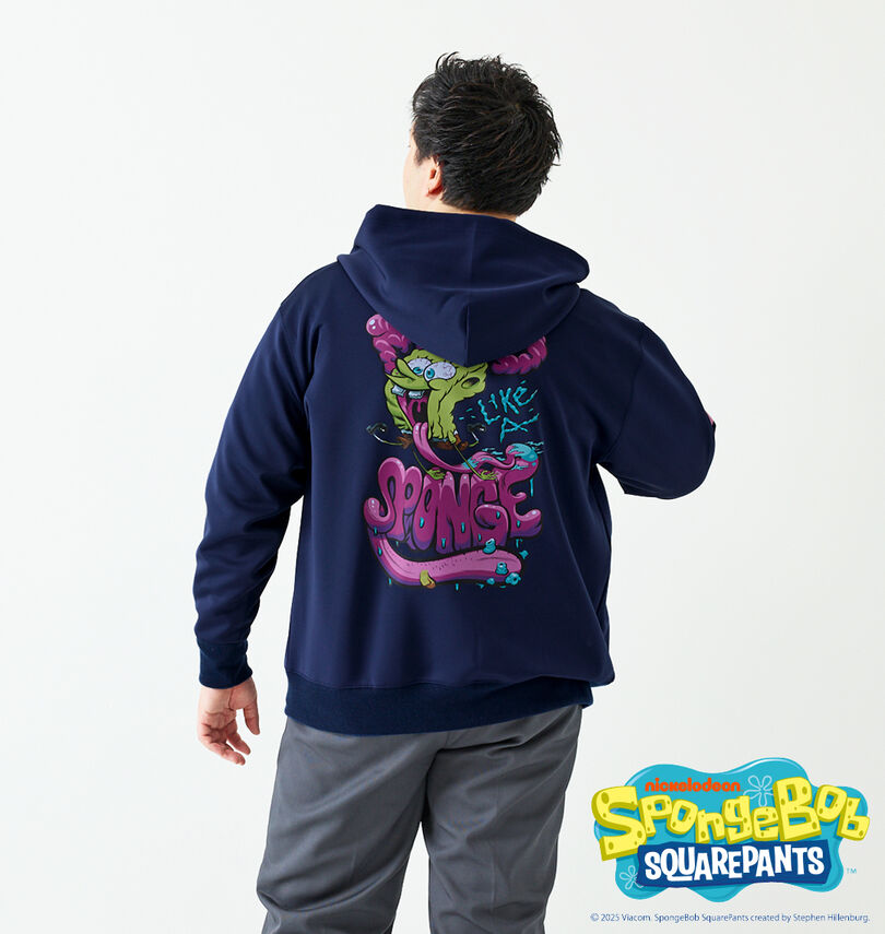 大きいサイズ メンズ SPONGEBOB (スポンジ・ボブ) ダンボールニットプリントフルジップパーカー
                        身長：182cm/バスト：123cm/着用サイズ：3L