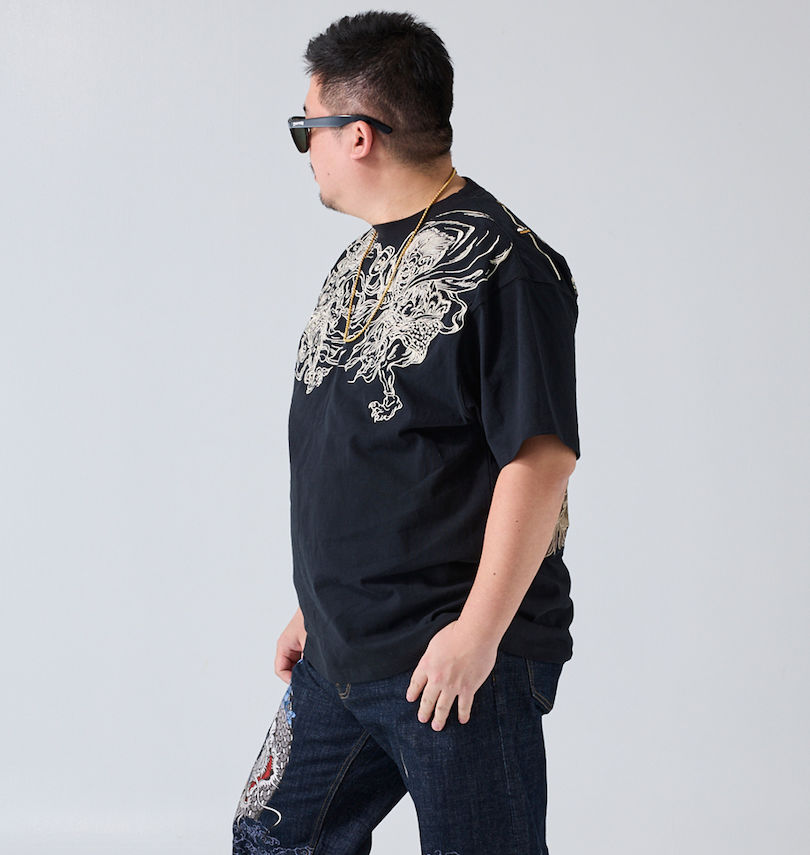 大きいサイズ メンズ 絡繰魂 (カラクリタマシイ) 風神雷神刺繍半袖Tシャツ
                        