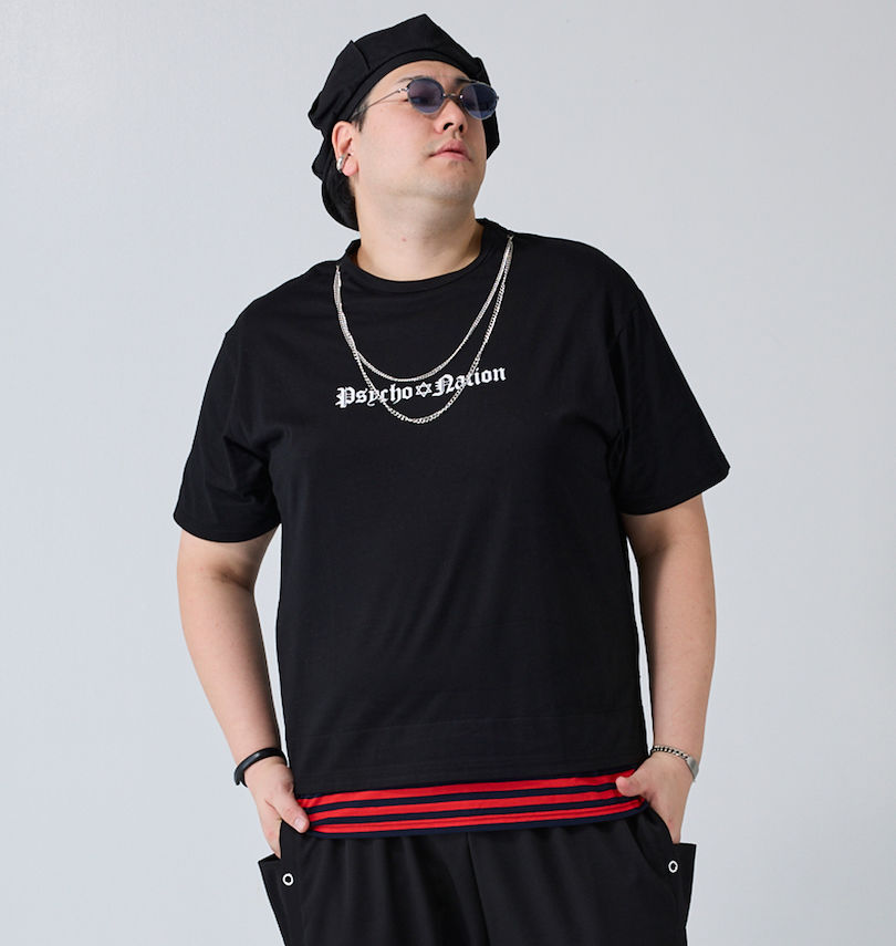 大きいサイズ メンズ PSYCHO NATION (サイコネーション) チェーン付フェイクレイヤード半袖Tシャツ
                        身長：182cm/バスト：123cm/着用サイズ：3L