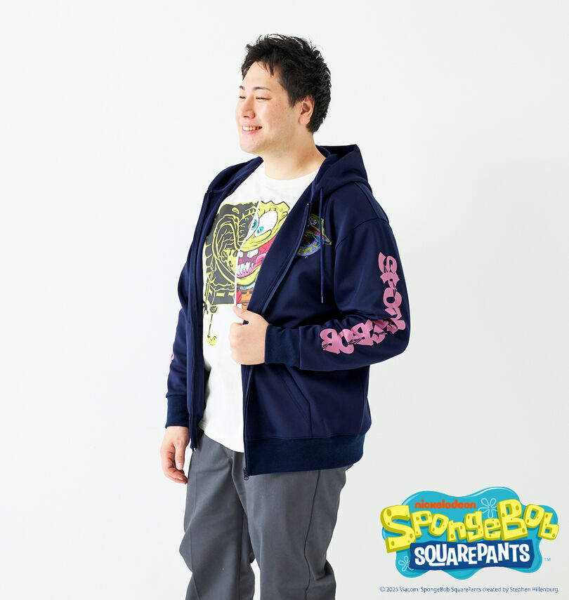 大きいサイズ メンズ SPONGEBOB (スポンジ・ボブ) ダンボールニットプリントフルジップパーカー
                        