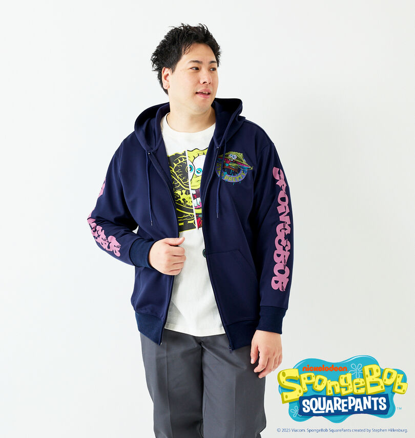 大きいサイズ メンズ SPONGEBOB (スポンジ・ボブ) ダンボールニットプリントフルジップパーカー
                        