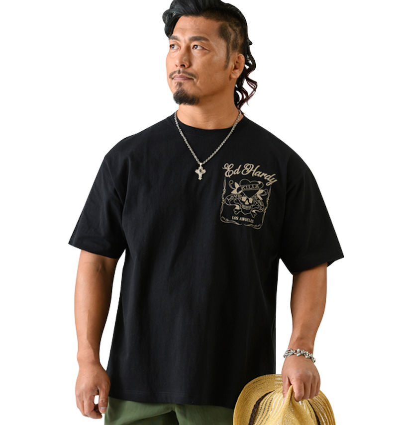 大きいサイズ メンズ Ed Hardy (エドハーディ) 天竺プリント&刺繍半袖Tシャツ