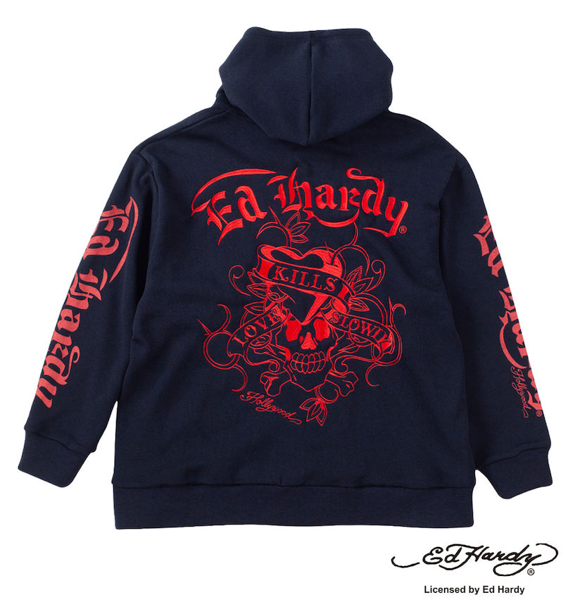 大きいサイズ メンズ Ed Hardy (エドハーディ) ニットフリース刺繍&プリントフルジップパーカー
                        バックスタイル