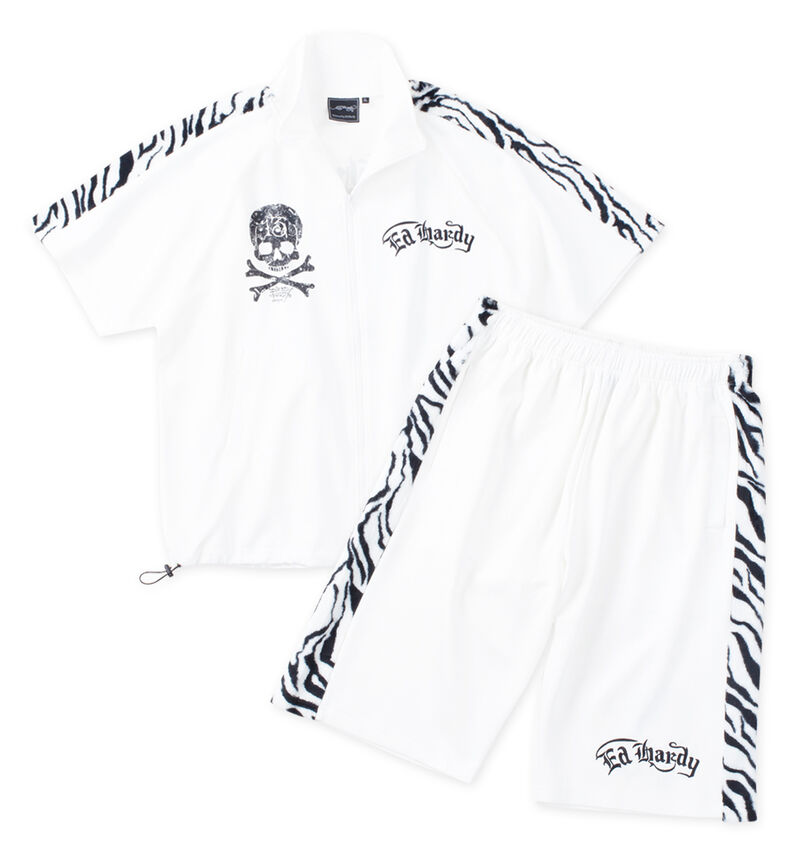 大きいサイズ メンズ Ed Hardy (エドハーディ) ゼブラフェイクファーライン半袖ジャージセット
                        