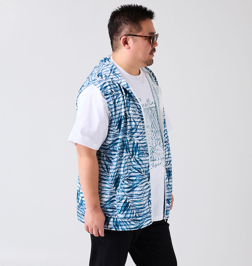 大きいサイズ メンズ COLLINS (コリンズ) メッシュリーフ柄プリントノースリーブフルジップパーカー+半袖Tシャツ 