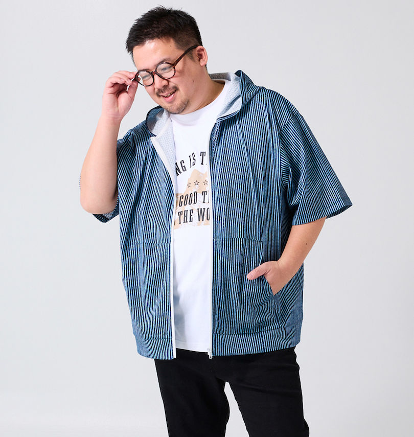 大きいサイズ メンズ COLLINS (コリンズ) メッシュヒッコリー風プリント半袖フルジップパーカー+半袖Tシャツ 
