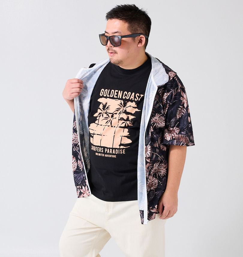 大きいサイズ メンズ COLLINS (コリンズ) メッシュボタニカル柄プリント半袖フルジップパーカー+半袖Tシャツ 
