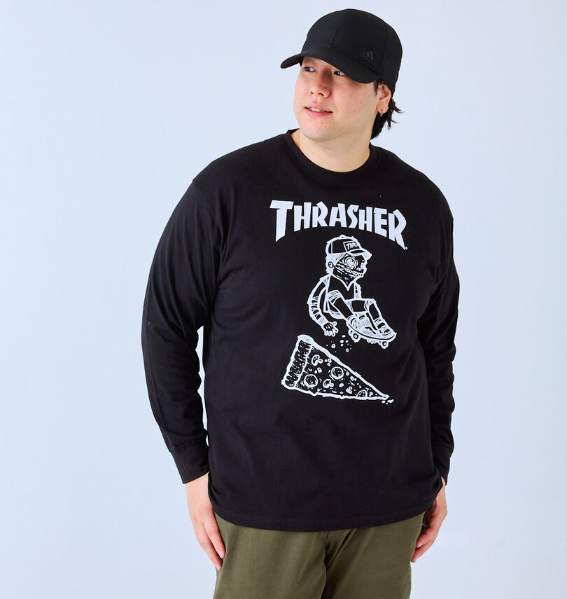大きいサイズ メンズ THRASHER (スラッシャー) PIZZA長袖Tシャツ
                        身長：182cm/バスト：123cm/着用サイズ：3L
