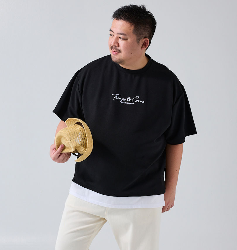 大きいサイズ メンズ launching pad (ランチングパッド) アムンゼンツイル裾フェイクレイヤード半袖Tシャツ
                        身長：176.5cm/バスト：118cm/着用サイズ：3L