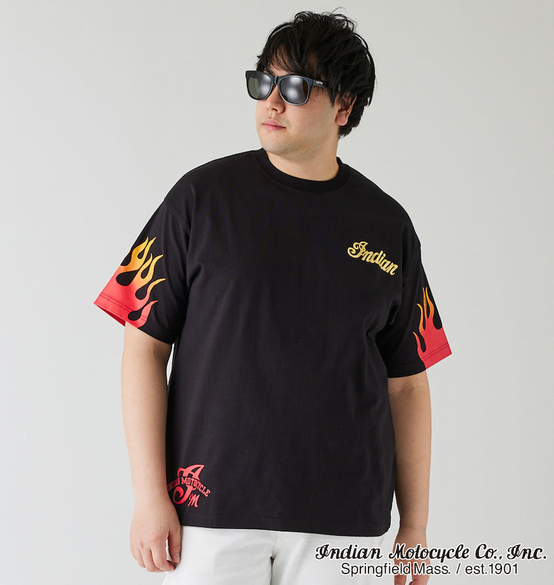 大きいサイズ メンズ INDIAN MOTOCYCLE (インディアンモトサイクル) 天竺プリント&刺繍半袖Tシャツ 