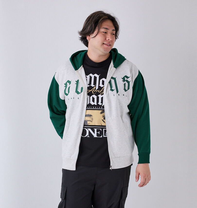 大きいサイズ メンズ COLLINS (コリンズ) 裏起毛配色フルジップパーカー+半袖Tシャツ
                        身長：182cm/バスト：123cm/着用サイズ：3L