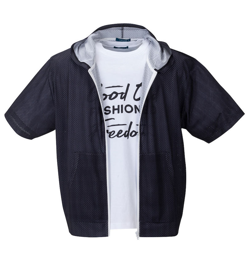 大きいサイズ メンズ COLLINS (コリンズ) メッシュヘリンボーン風プリント半袖フルジップパーカー+半袖Tシャツ 
