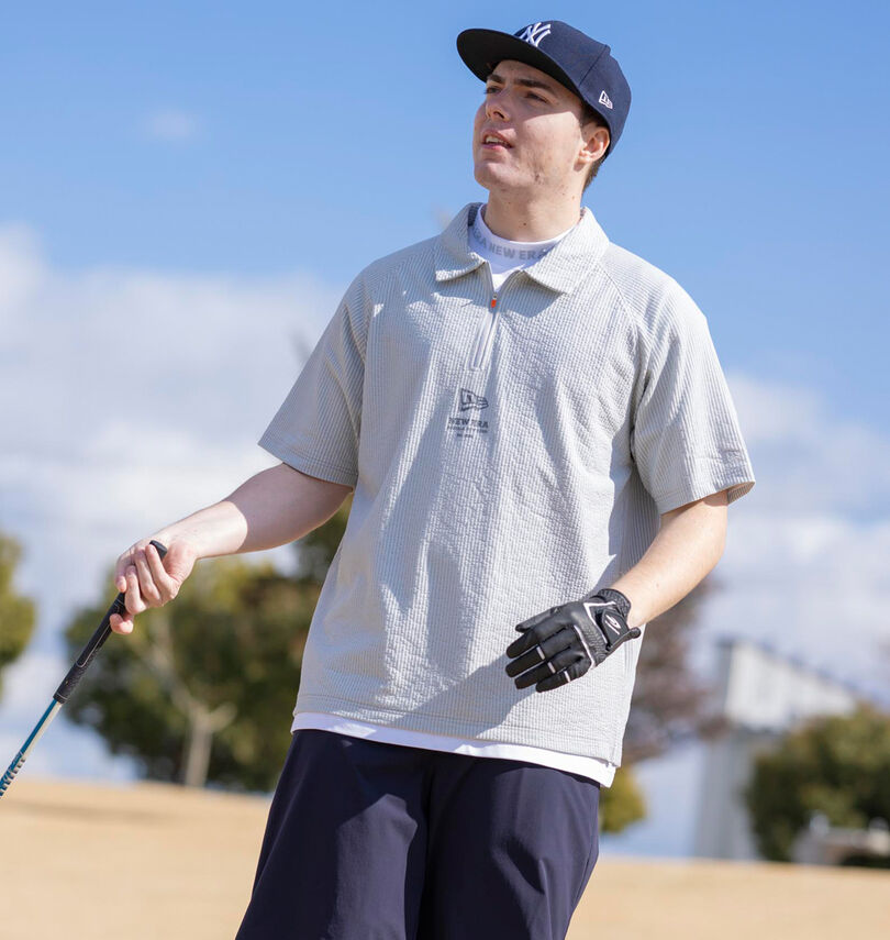 大きいサイズ メンズ NEW ERA GOLF (ニューエラ®ゴルフ) シアサッカージップ半袖ポロシャツ
                        