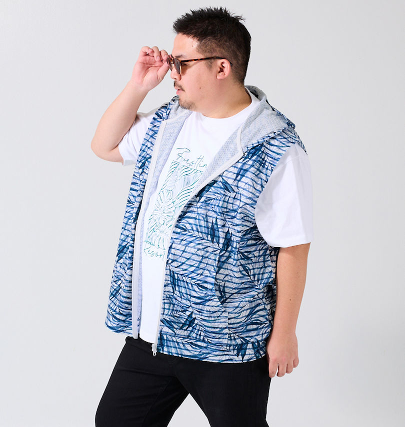 大きいサイズ メンズ COLLINS (コリンズ) メッシュリーフ柄プリントノースリーブフルジップパーカー+半袖Tシャツ
                        