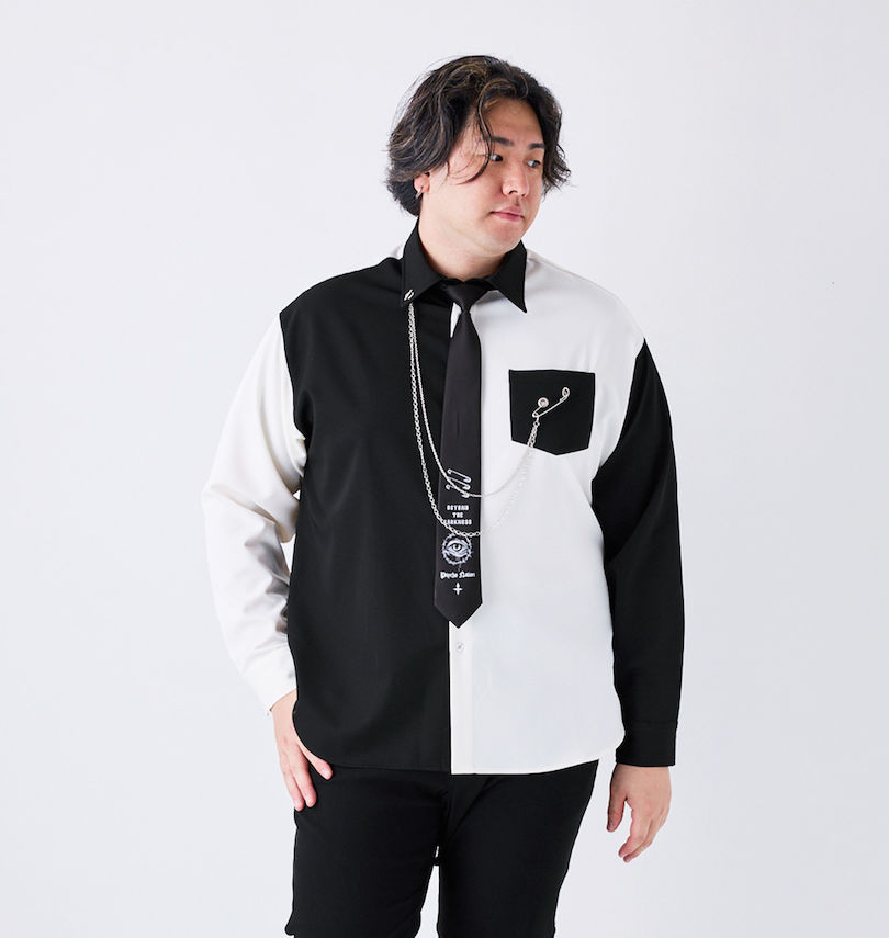 大きいサイズ メンズ PSYCHO NATION (サイコネーション) ネクタイ・チェーン付長袖シャツ
身長:182cm/バスト:123cm/着用サイズ:3L