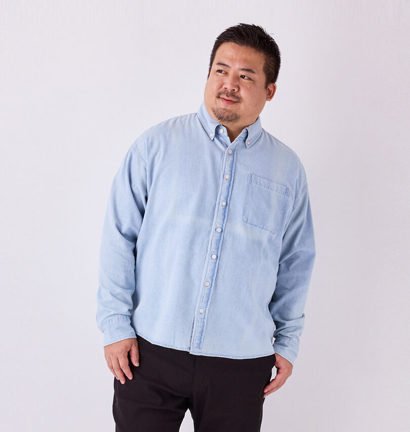 大きいサイズ メンズ Mc.S.P (エムシーエスピー) 6オンスリサイクルデニムB.D長袖シャツ
                        身長：176.5cm/バスト：118cm/着用サイズ：3L