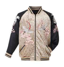 大きいサイズ メンズ 絡繰魂 (カラクリタマシイ) 鶴桜刺繍ベロアスカジャン