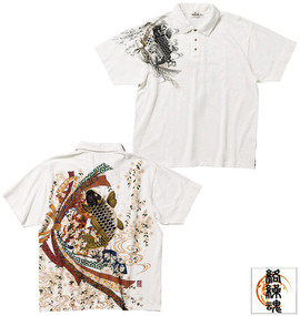 大きいサイズ メンズ 絡繰魂 (カラクリタマシイ) 鯉刺繍ポロシャツ(半袖)