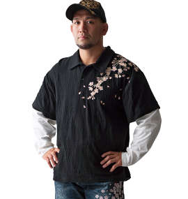 大きいサイズ メンズ 絡繰魂 (カラクリタマシイ) 桜鯉刺繍フェイクレイヤード長袖ポロシャツ