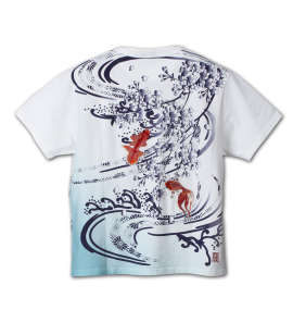 大きいサイズ メンズ 絡繰魂 (カラクリタマシイ) 金魚刺繍ヘンリー半袖Tシャツ