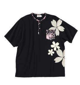 大きいサイズ メンズ 絡繰魂 (カラクリタマシイ) 桜プリントヘンリー半袖Tシャツ