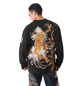大きいサイズ メンズ 絡繰魂 (カラクリタマシイ) 竹林に虎刺繍長袖Tシャツ