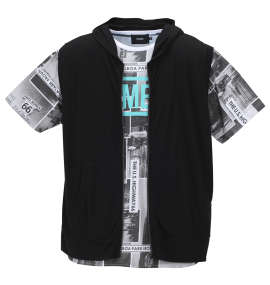 大きいサイズ メンズ BEAUMERE (ボウメール) ノースリーブパーカー+総柄裾ラウンド半袖Tシャツ