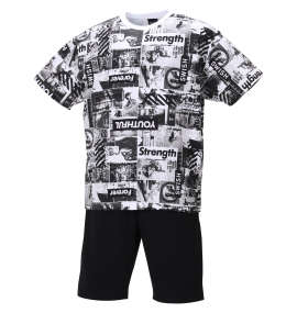 大きいサイズ メンズ SHOCK NINE (ショックナイン) 総柄半袖Tシャツ+ミニ裏毛ハーフパンツ