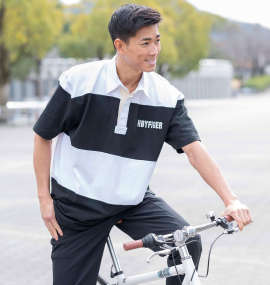 H by FIGER 切替ボーダー半袖ラガーシャツ