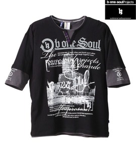 大きいサイズ メンズ b-one-soul (ビーワンソウル) フェイク五分袖キーネックTシャツ