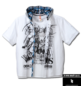 大きいサイズ メンズ b-one-soul (ビーワンソウル) フード付半袖シャツ+半袖Tシャツ