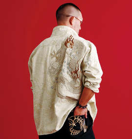 大きいサイズ メンズ 絡繰魂 (カラクリタマシイ) 龍神桜刺繍ジャガード長袖シャツ